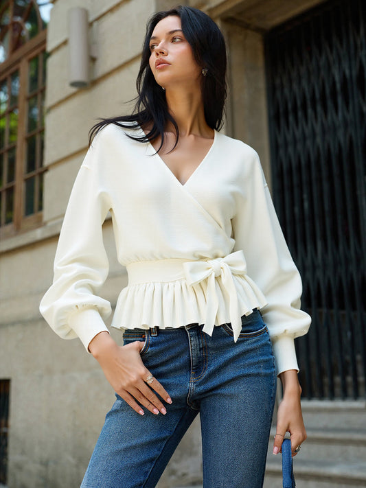Bow Belted Peplum Knit Top