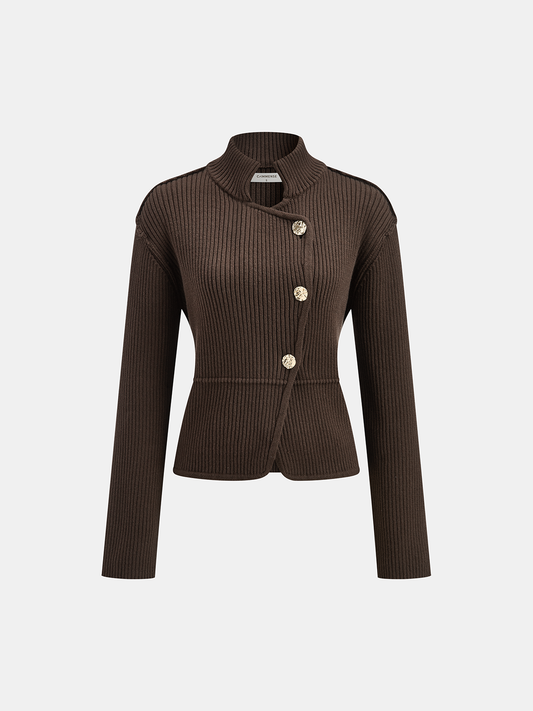 Stand Collar Asymmetric Button Cardigan