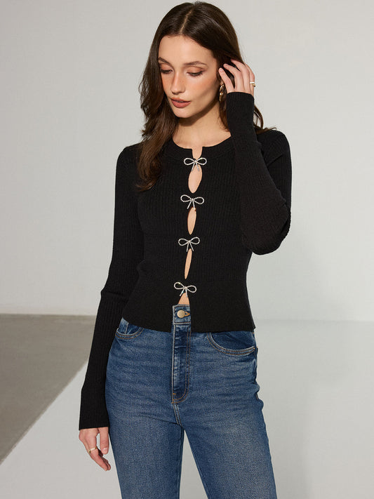 Bow Cut-Out Ribbed Knit Top