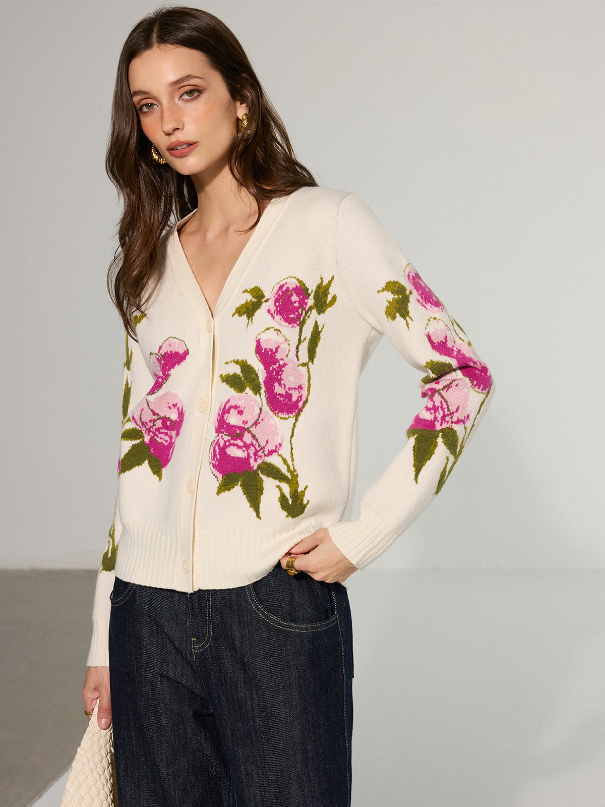 Floral V-Neck Button-Front Cardigan