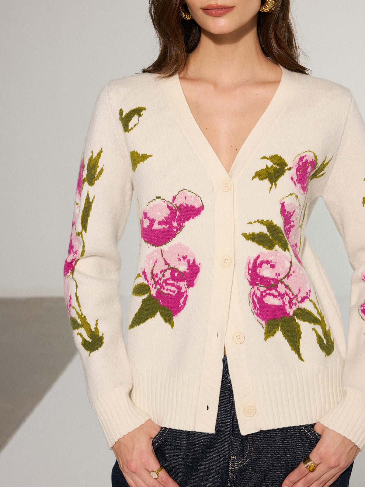 Floral V-Neck Button-Front Cardigan