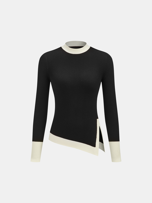 Color-Block Asymmetric Hem Ribbed Knit Top