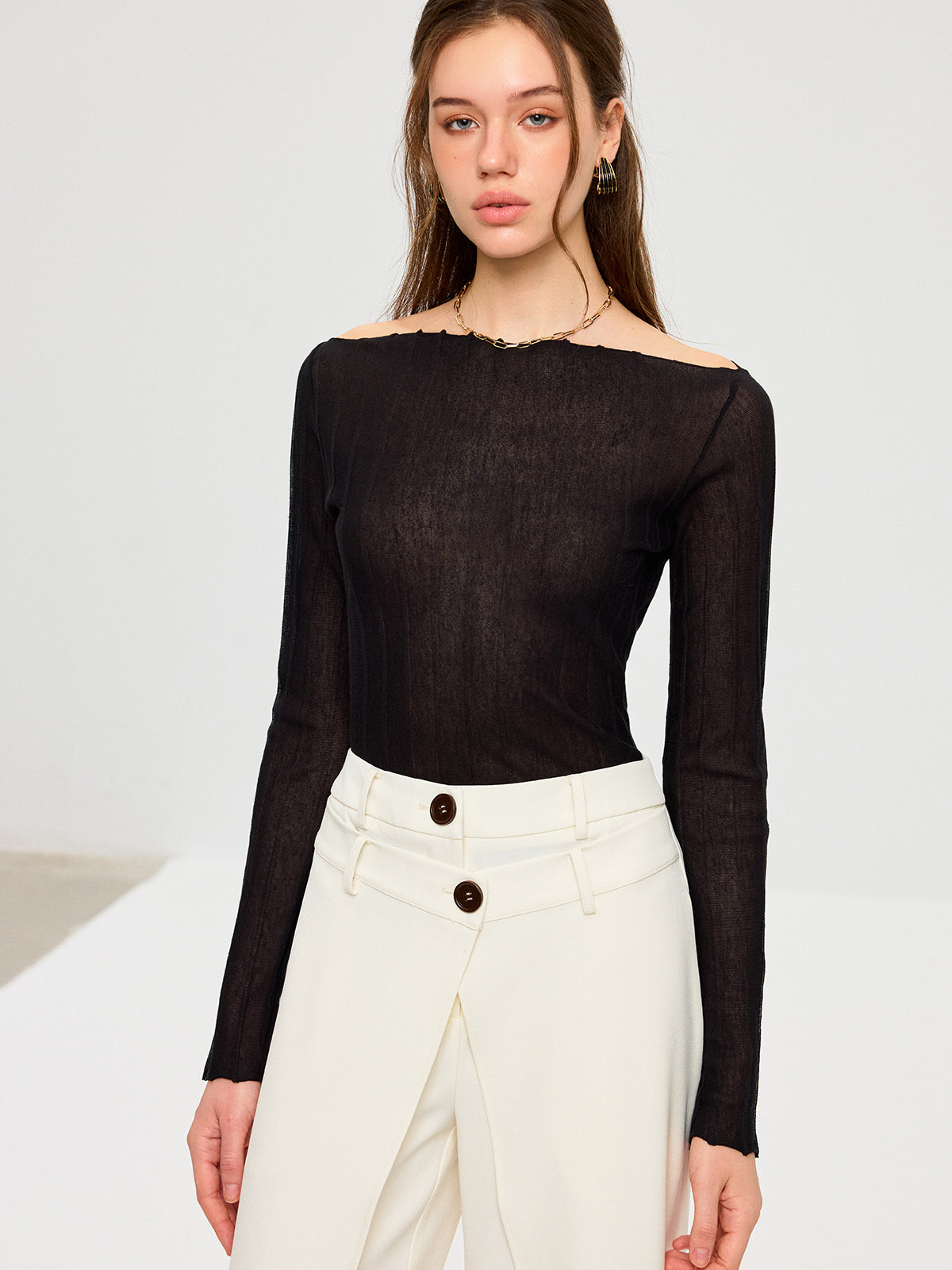 Off-Shoulder Sheer Knit Top