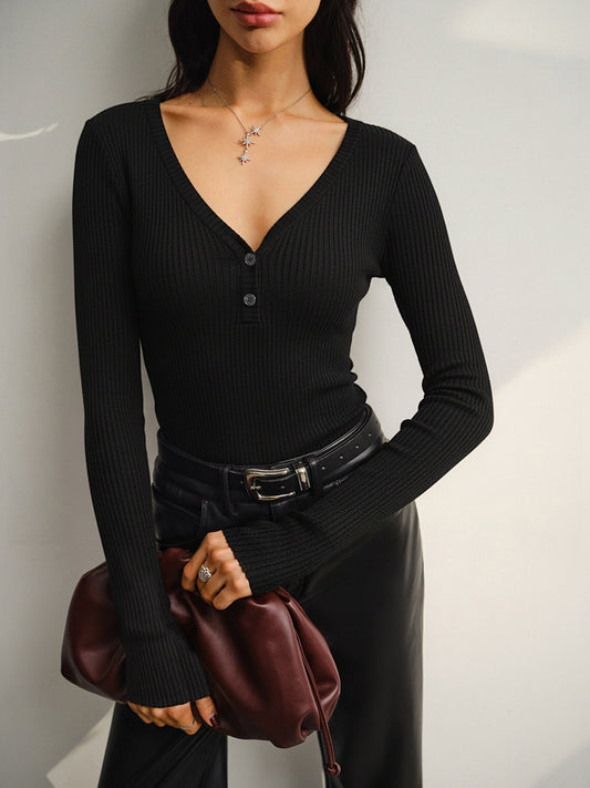 Button Placket Ribbed Knit Fitted V-Neck Top