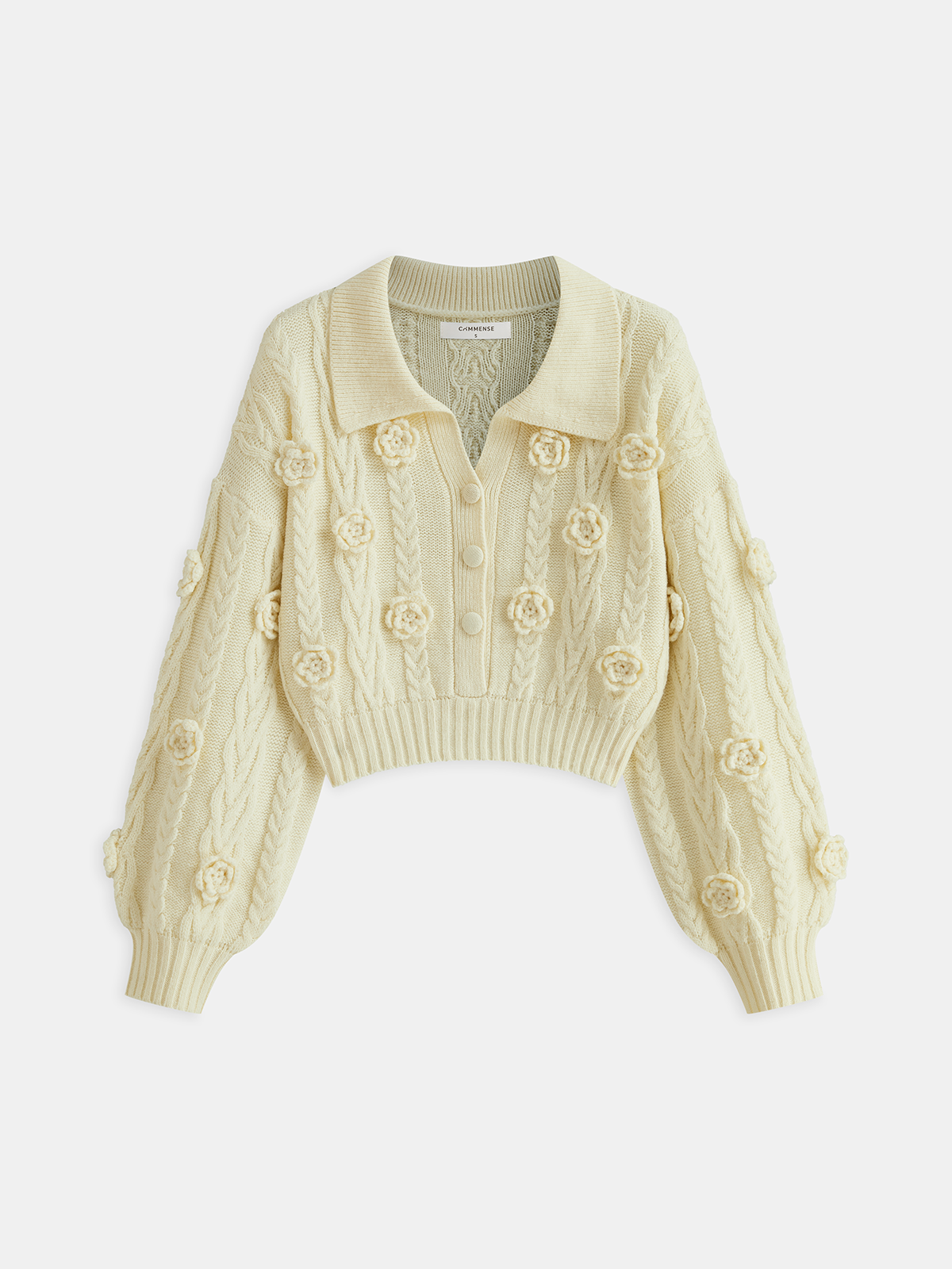 3D Floral Collared Cable Knit Top