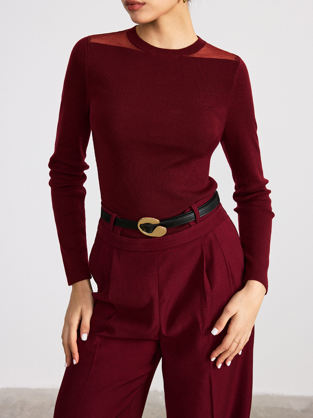 Sheer Paneled Wool Blend Knit Top