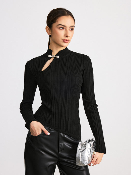 Metal Knot Detail Asymmetric Ribbed Sweater