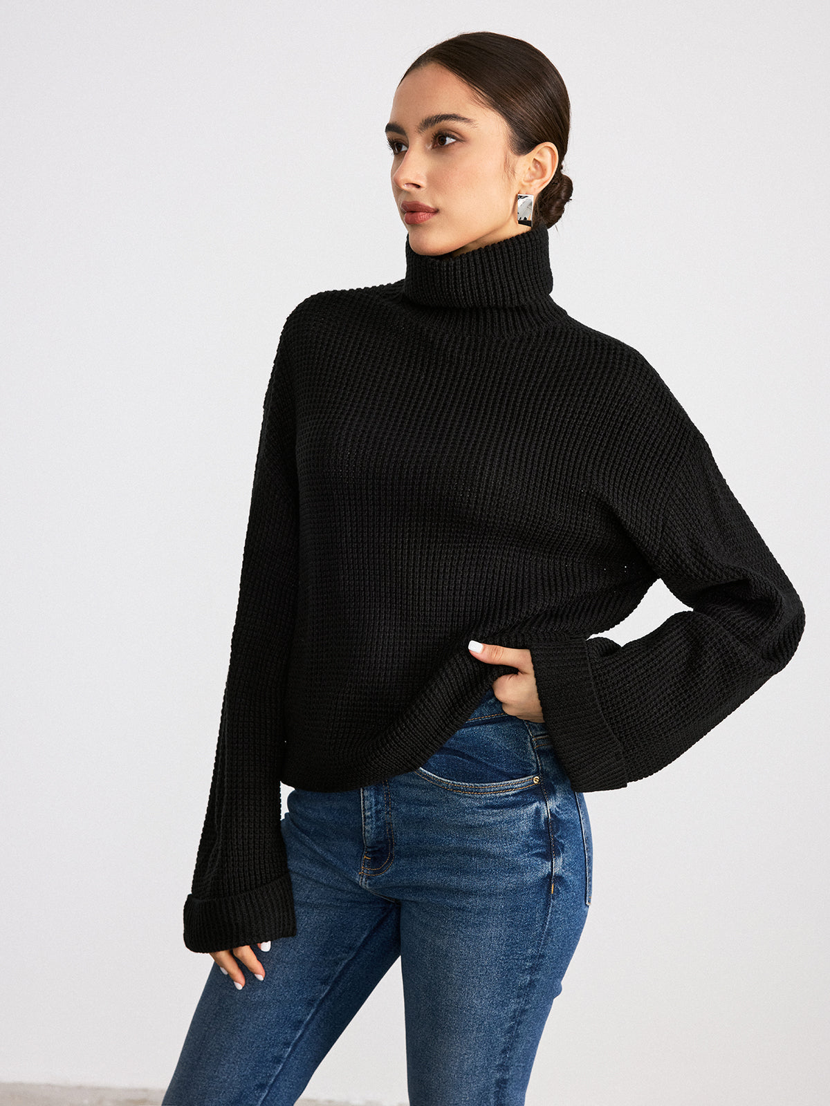 Turtleneck Waffle-Knit Long Sleeve Sweater