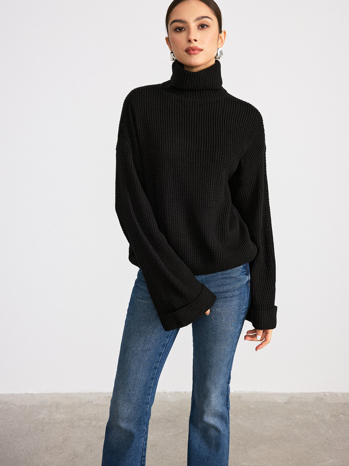 Turtleneck Waffle-Knit Long Sleeve Sweater