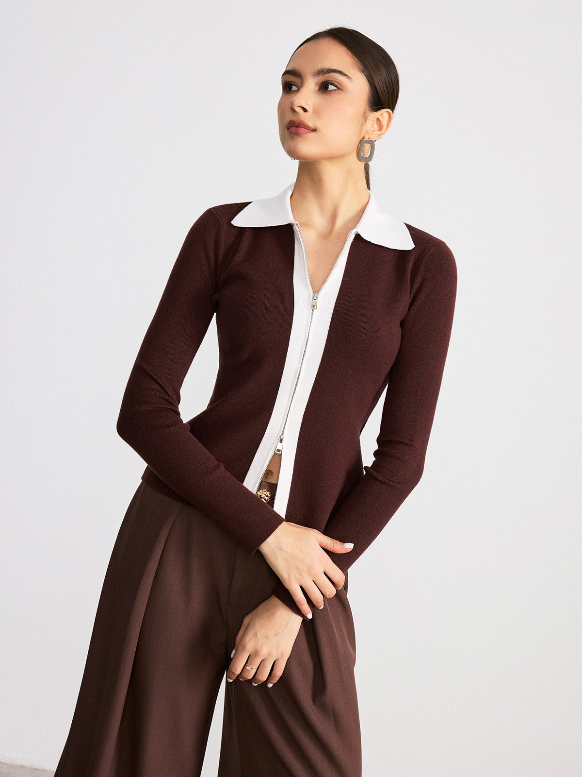Contrast Collar Wool Blend Zip-Up Cardigan