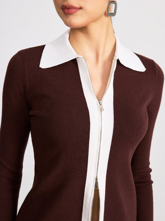 Contrast Collar Wool Blend Zip-Up Cardigan