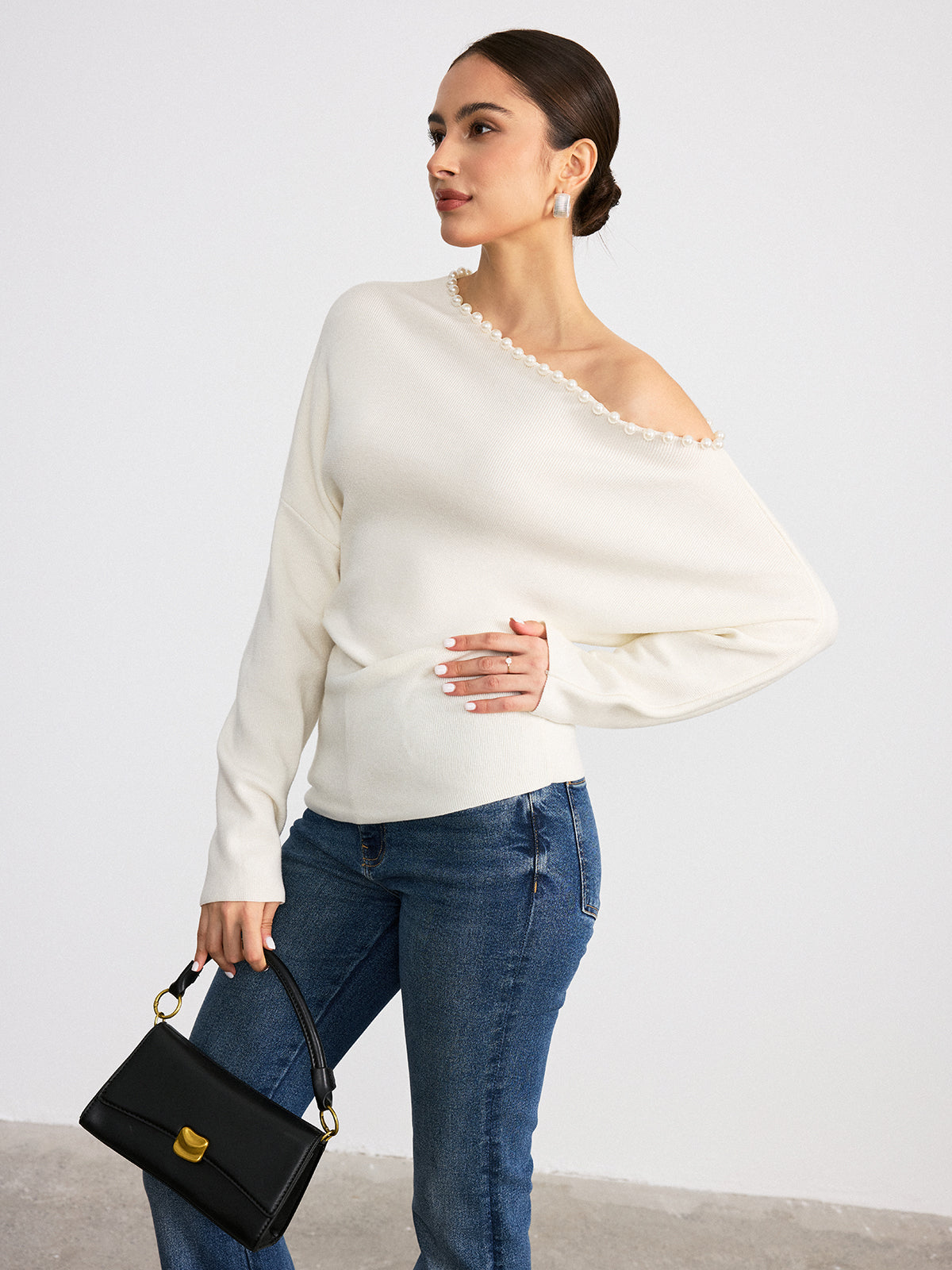 Off-Shoulder Pearl Embellished Wool Blend Sweater