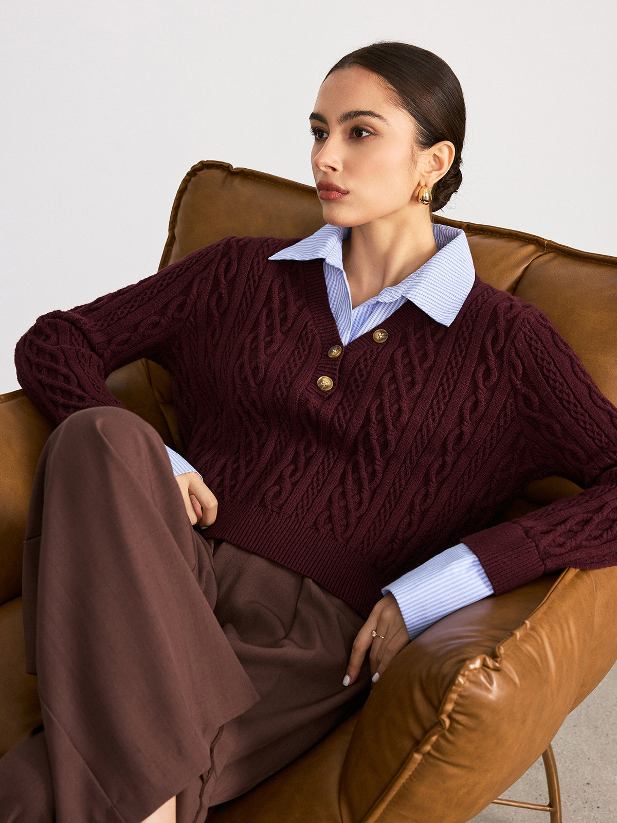 2 in 1 Striped Shirt Panel Cable Knit Top