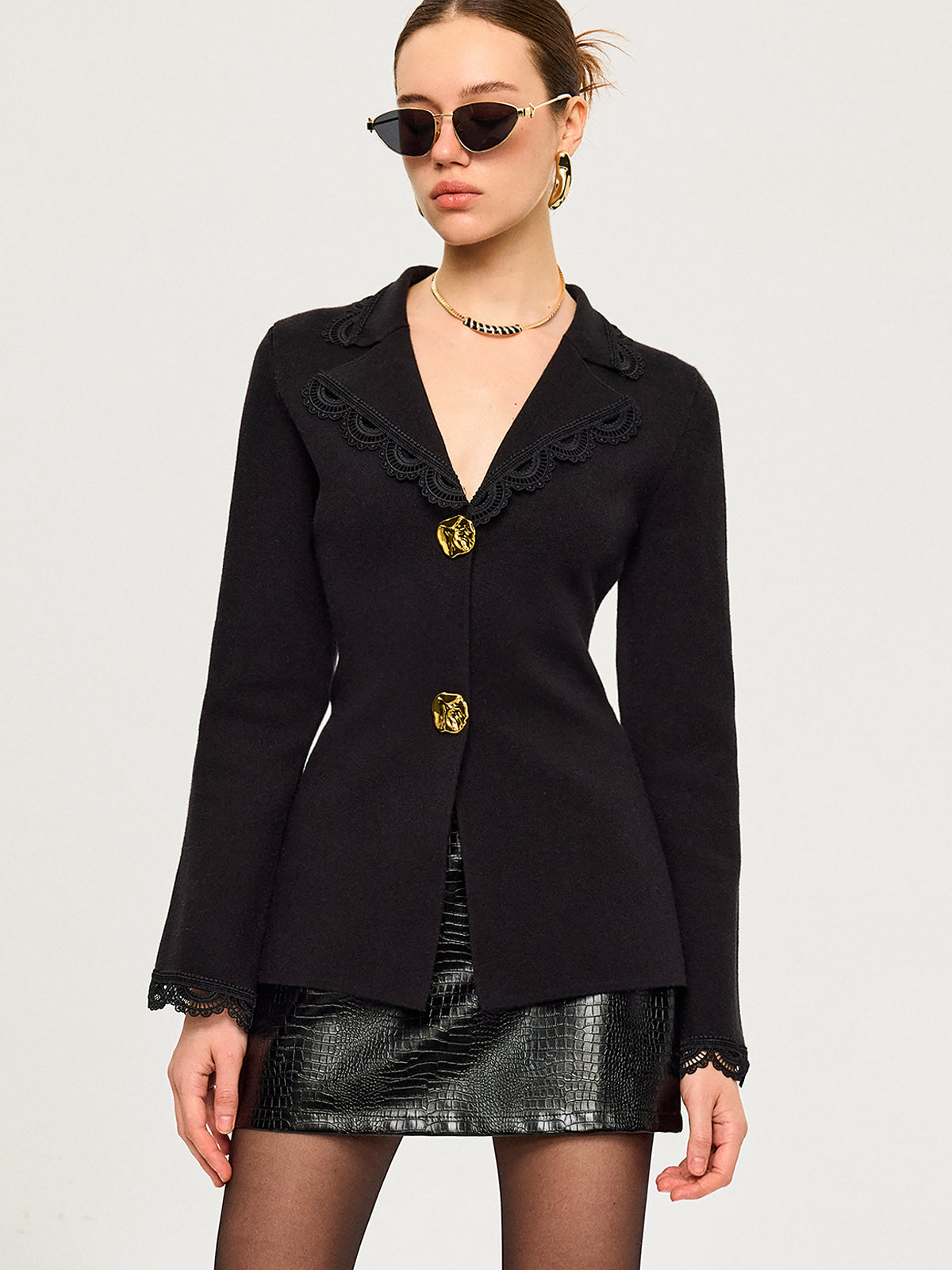 Wool Blend Lace Trim Metal Button Cardigan