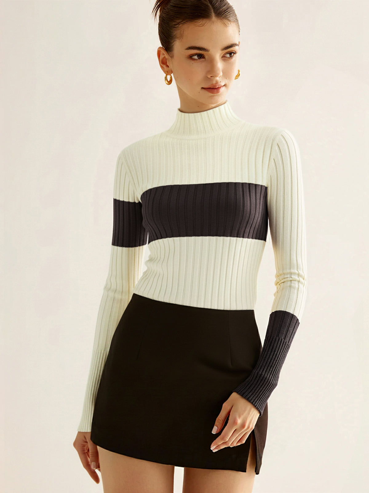 Color-Block Mock Neck Ribbed Knit Top