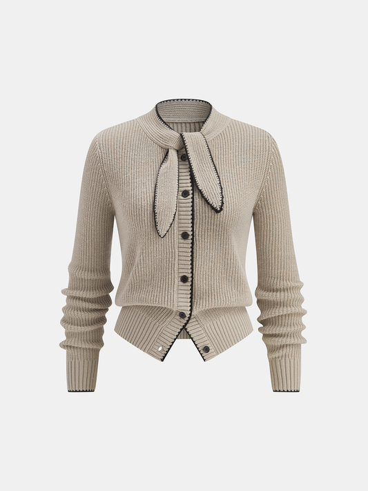 Tie Neck Contrast Trim Wool Blend Cardigan