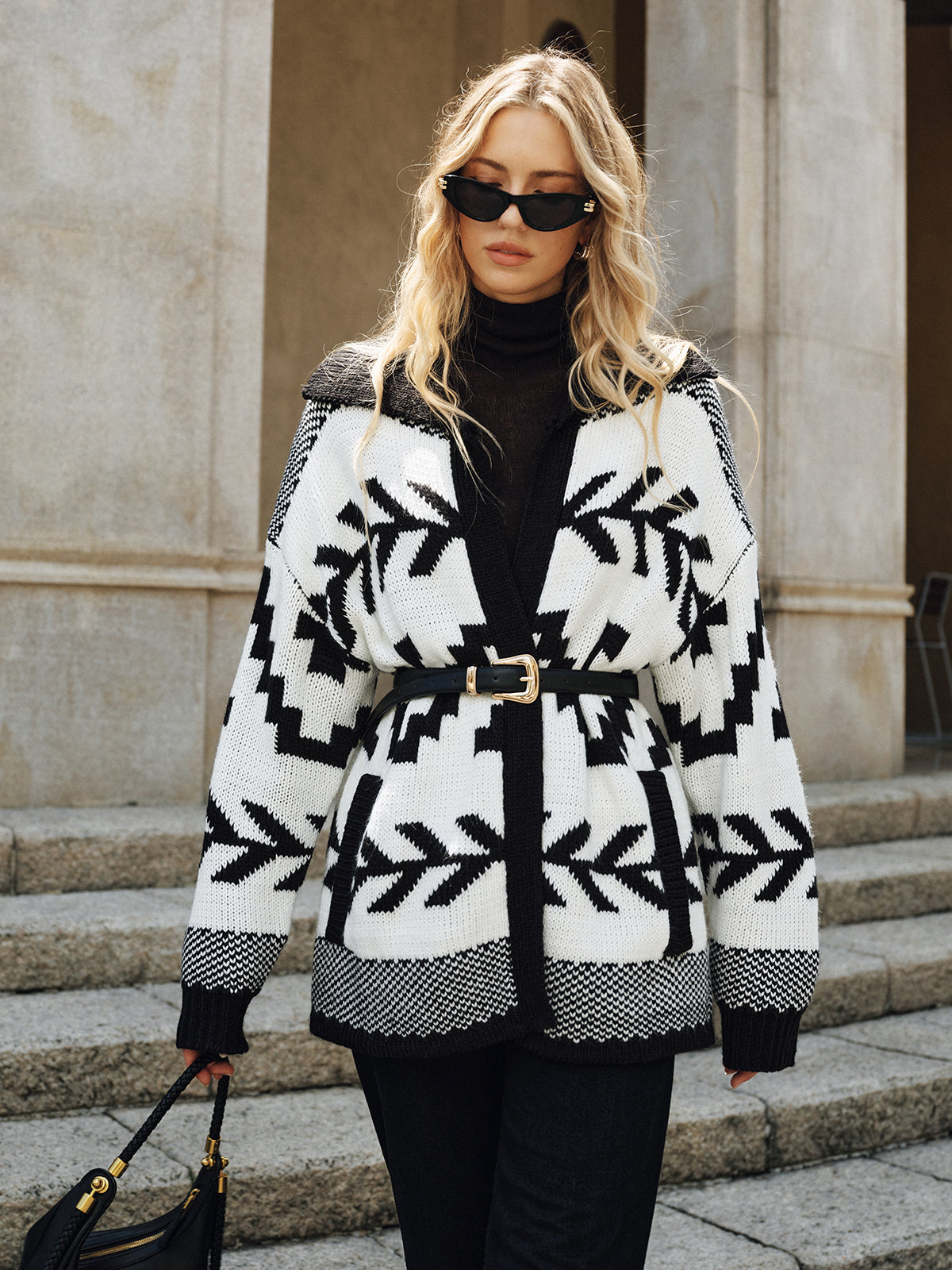 Geometric Pattern Collared Knit Cardigan without Belt