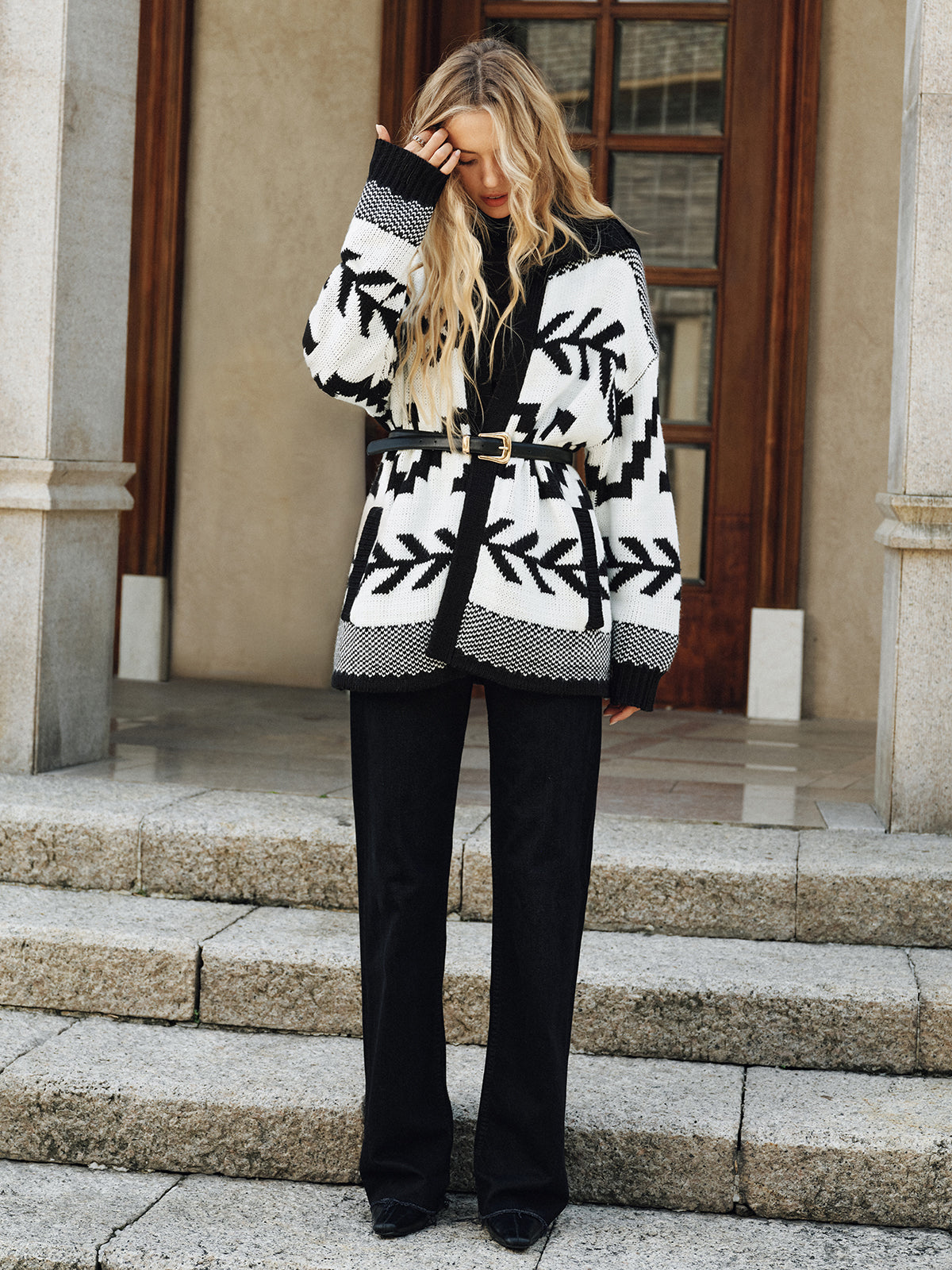 Geometric Pattern Collared Knit Cardigan without Belt