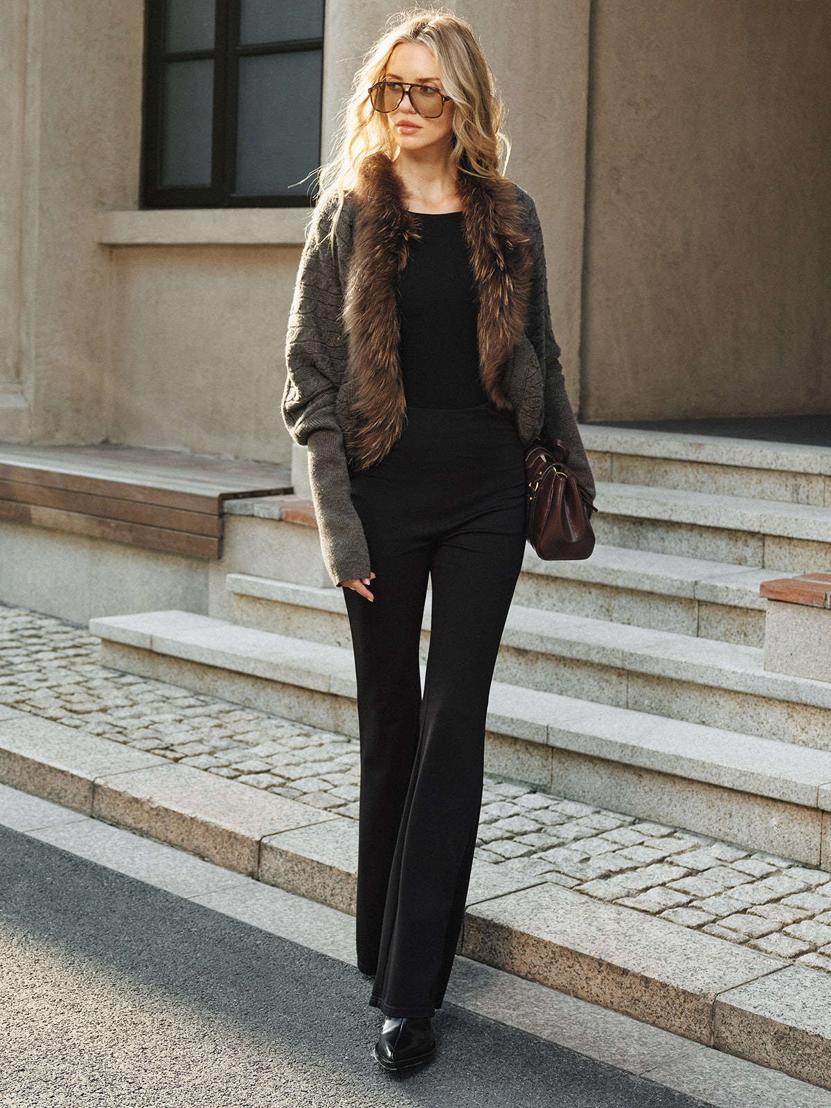 Faux Fur Collar Wool Blend Knit Outerwear