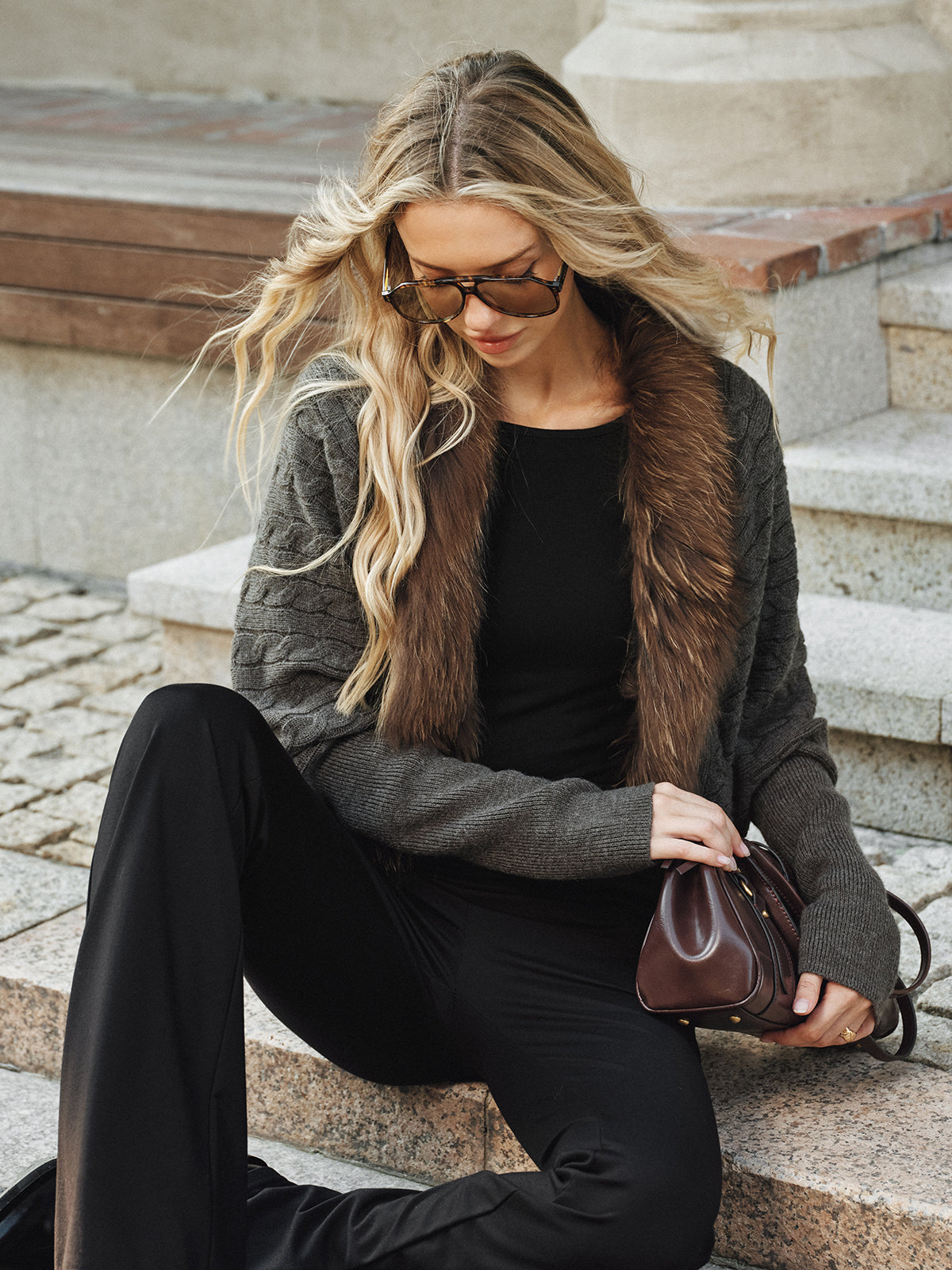 Faux Fur Collar Wool Blend Knit Outerwear