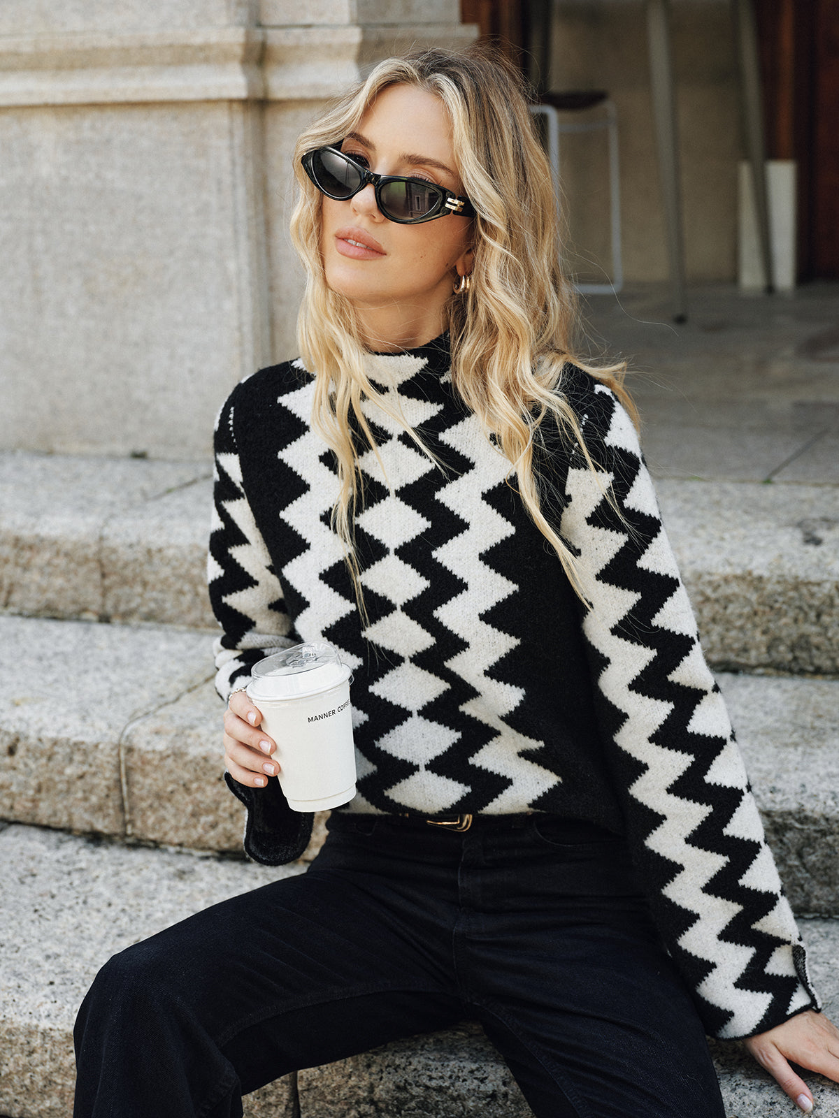 Chevron Pattern Mock Neck Knit Sweater