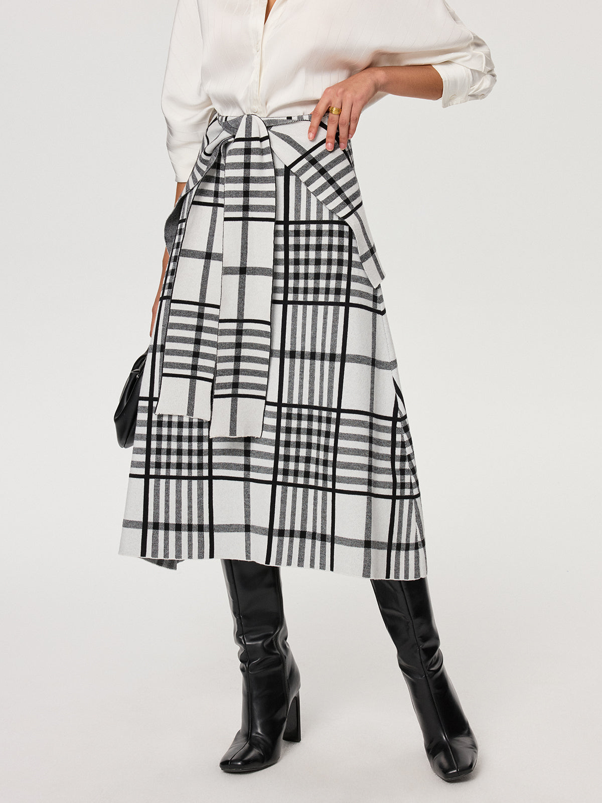 Plaid Wool Blend Midi Skirt with Apron Belt
