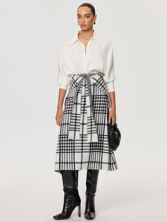Plaid Wool Blend Midi Skirt with Apron Belt