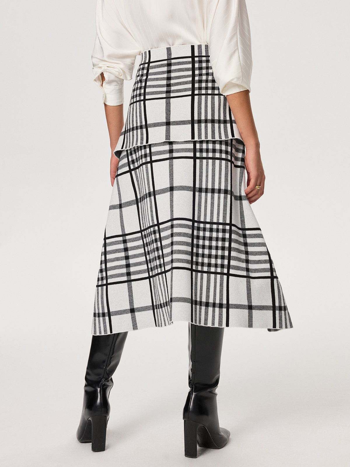 Plaid Wool Blend Midi Skirt with Apron Belt