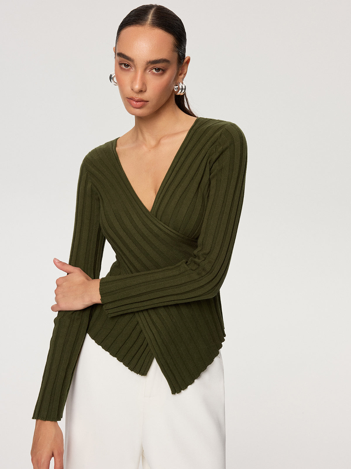 Cross-Over V-Neck Fitted Ribbed Knit Top