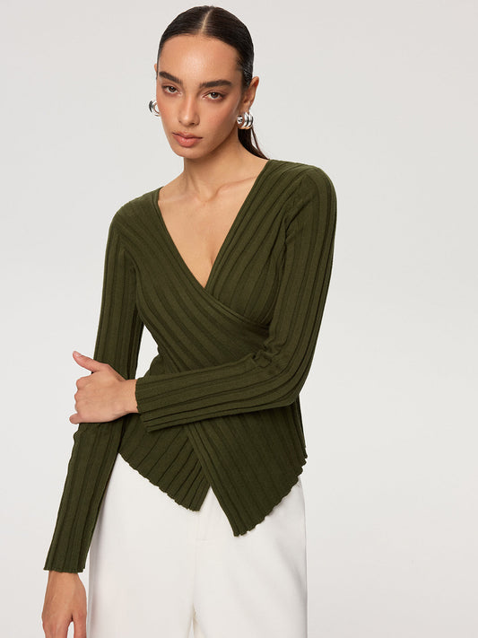 Cross-Over V-Neck Fitted Ribbed Knit Top