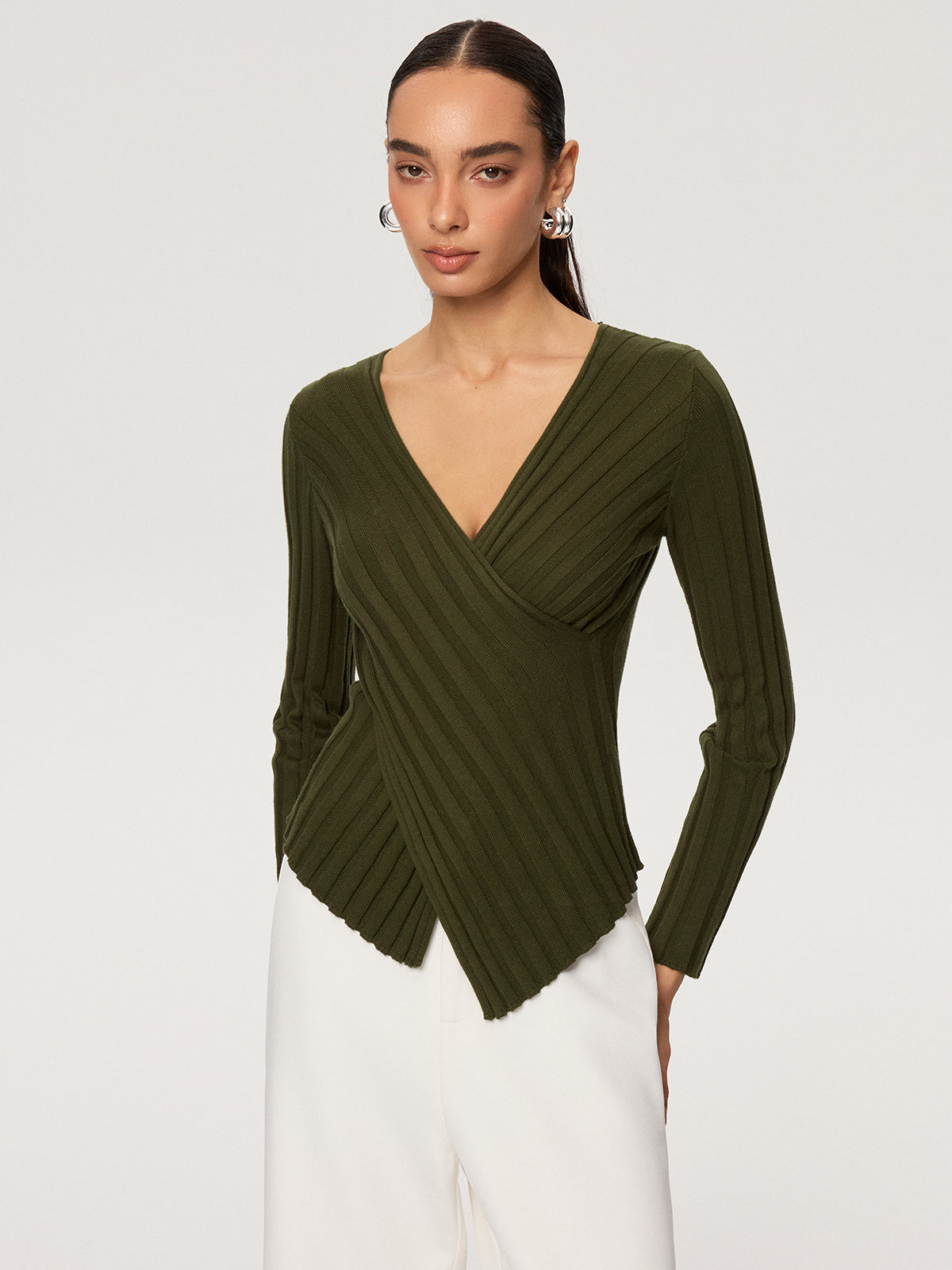 Cross-Over V-Neck Fitted Ribbed Knit Top