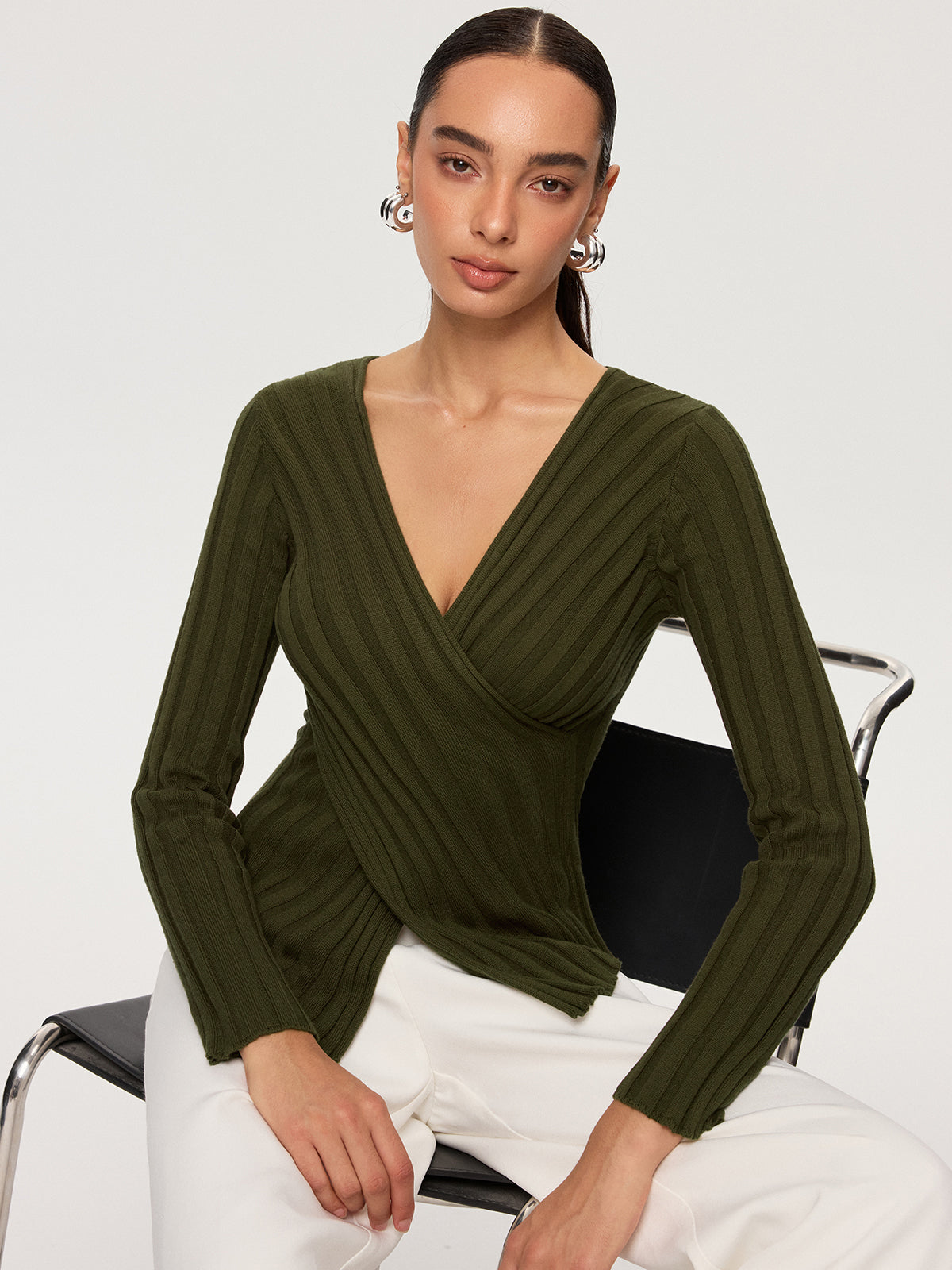 Cross-Over V-Neck Fitted Ribbed Knit Top