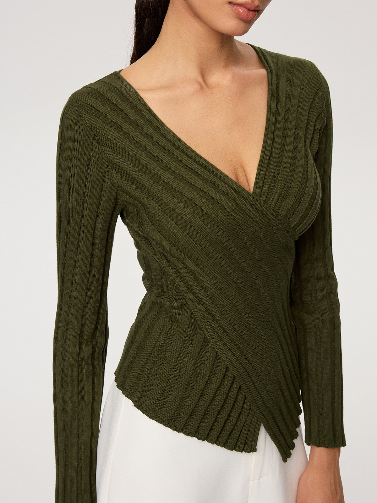 Cross-Over V-Neck Fitted Ribbed Knit Top