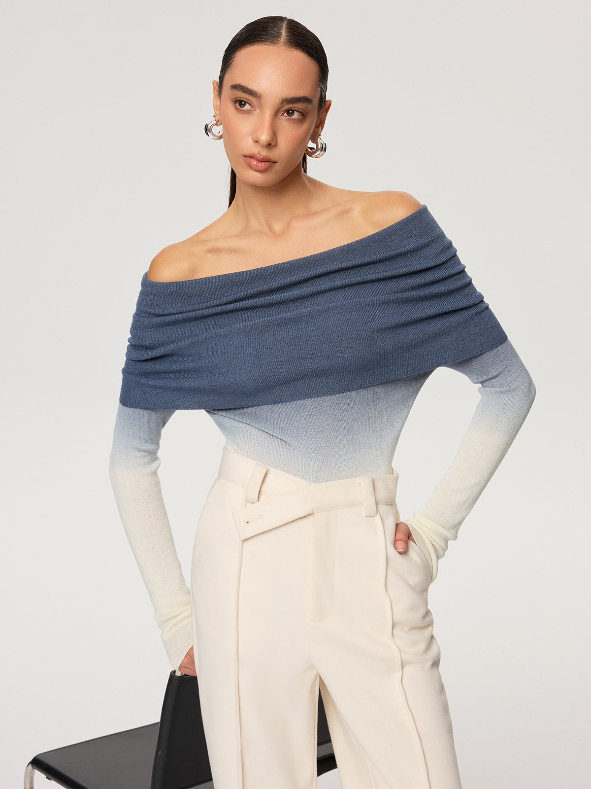 Off-Shoulder Ombre Wool Blend Knit Top