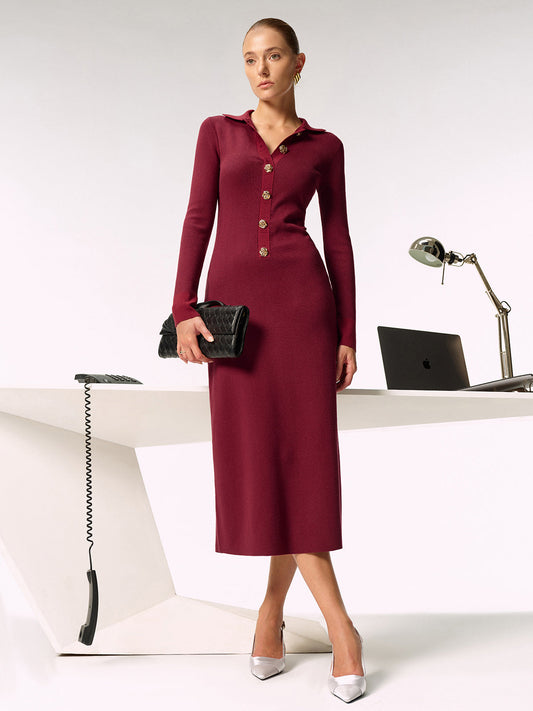 Shirt Collar Metal Button Knit Maxi Dress