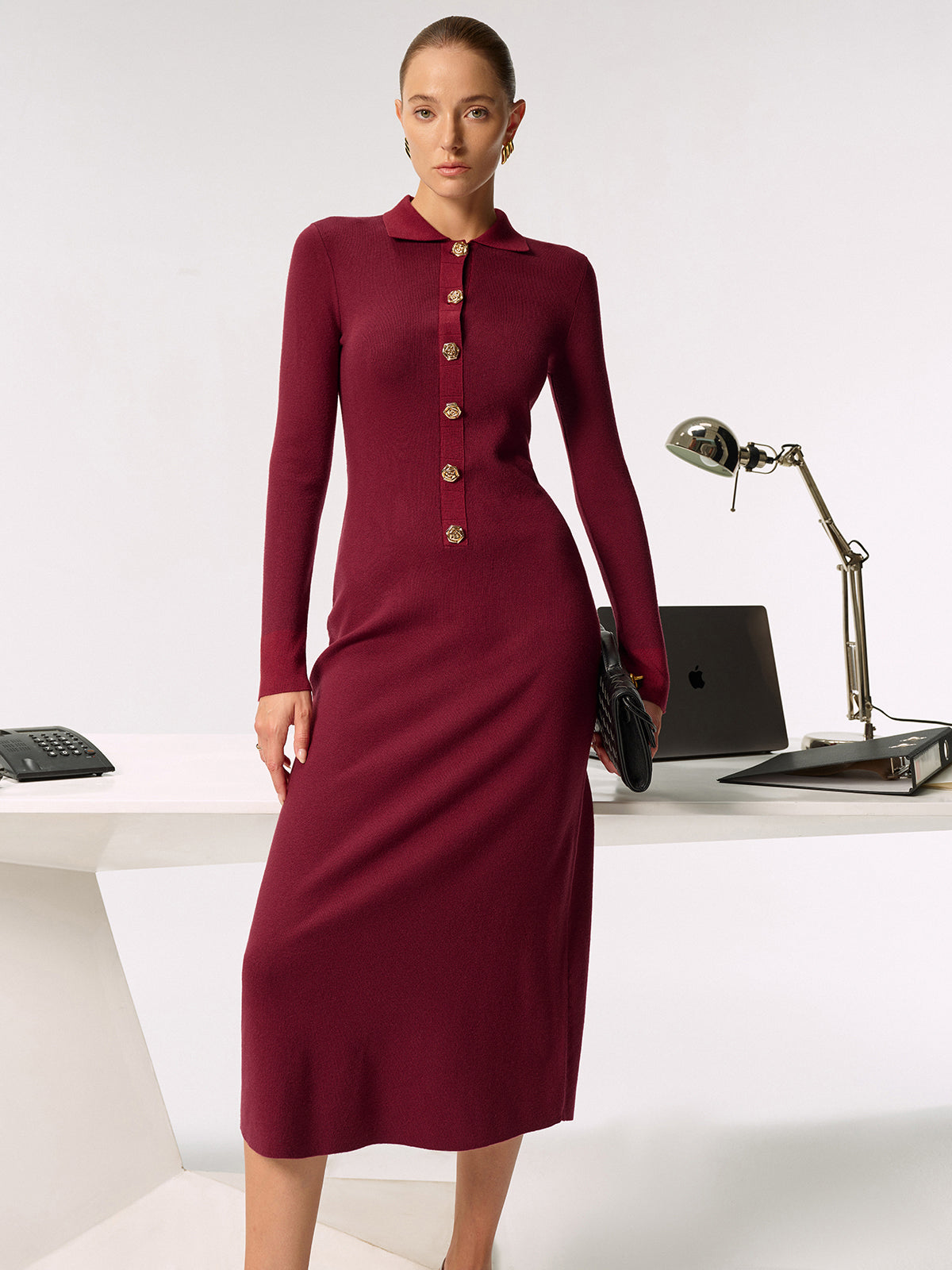 Shirt Collar Metal Button Knit Maxi Dress