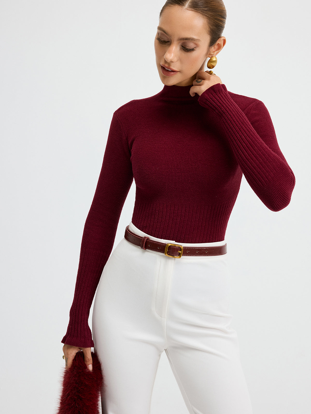 Slim Fit Mock Neck Ribbed Knit Top