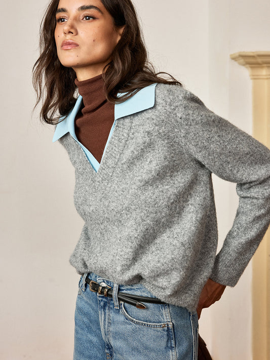 Contrast Collar Wool Blend Sweater