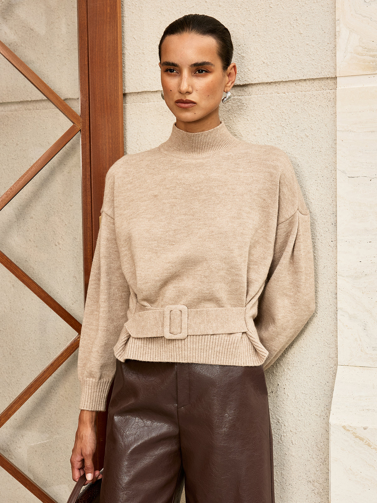 Wool Blend Mock Neck Belted Sweater