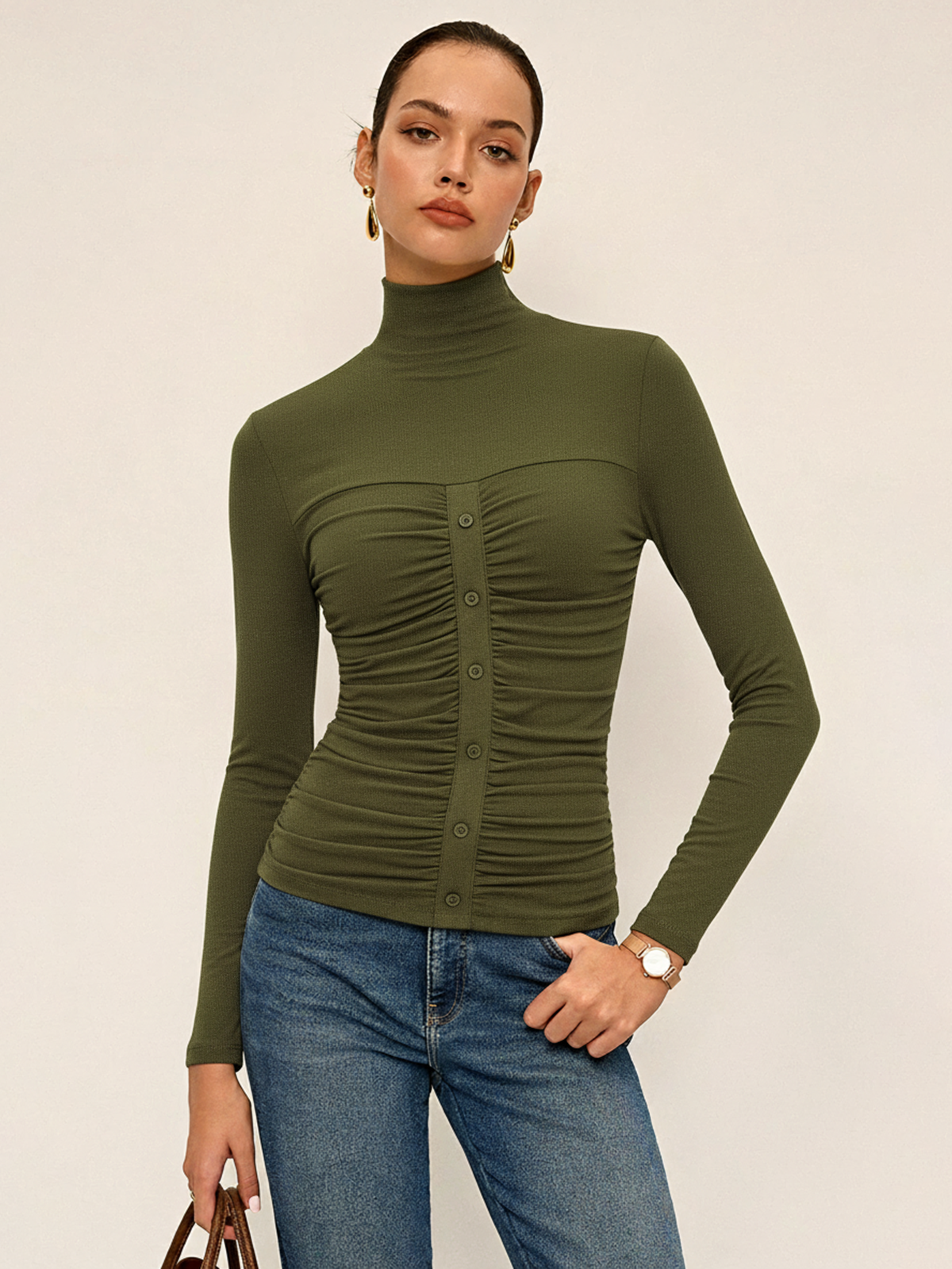 Turtleneck Ruched Decor Button Knit Top