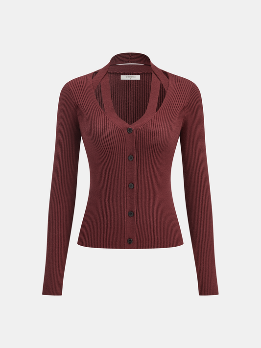 Halter Neck Button Front Ribbed Sweater