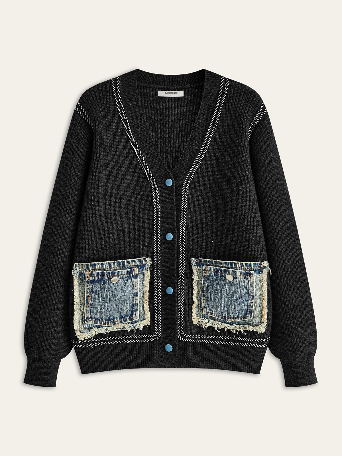 Contrast Trim Denim Panel Cardigan