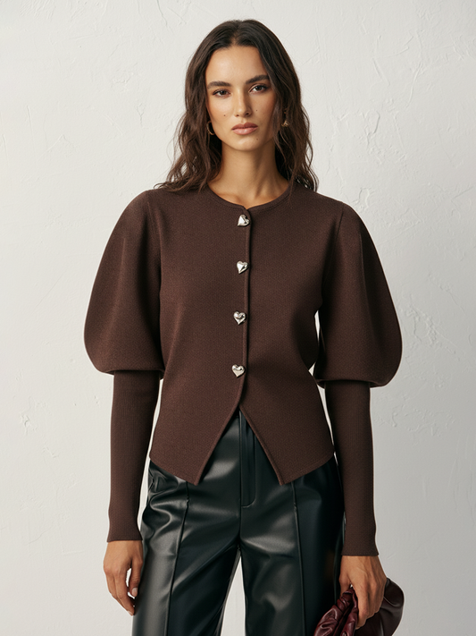 Leg-Of-Mutton Sleeve Heart-Button Wool Blend Cardigan