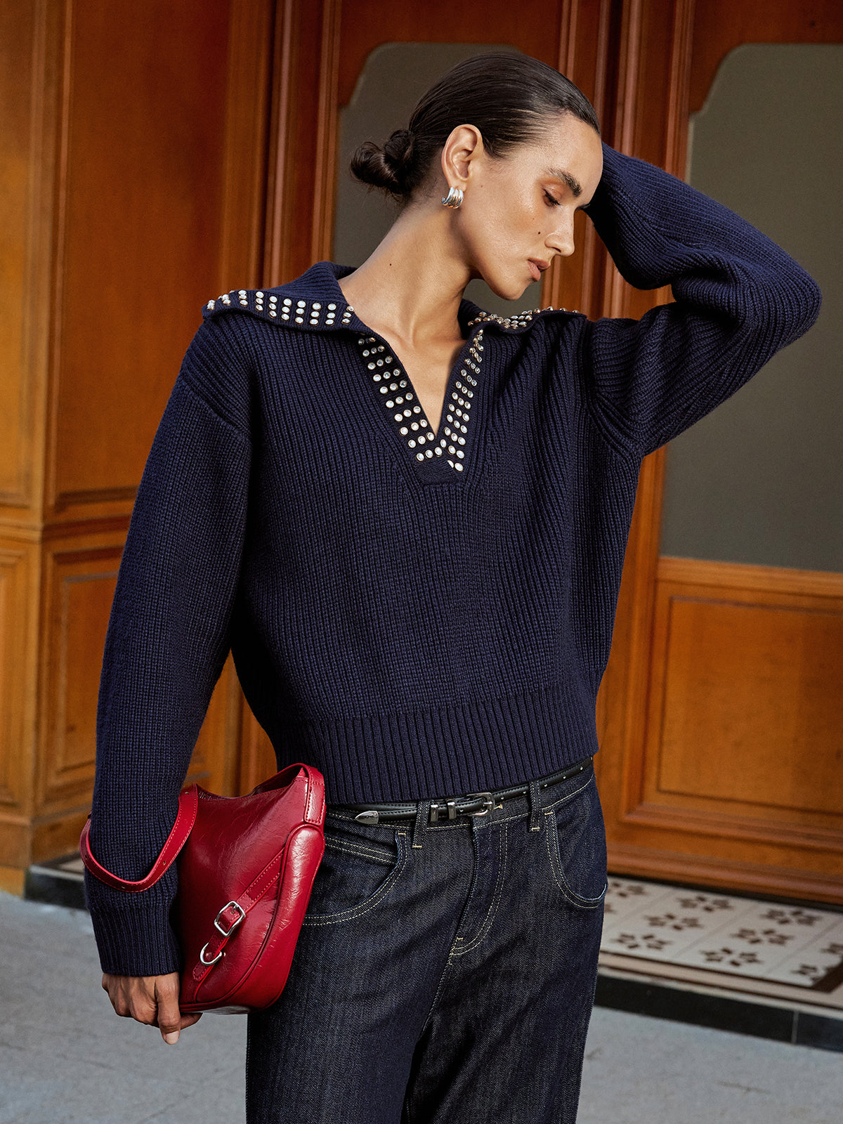 Studded Collar Wool Blend V-Neck Sweater