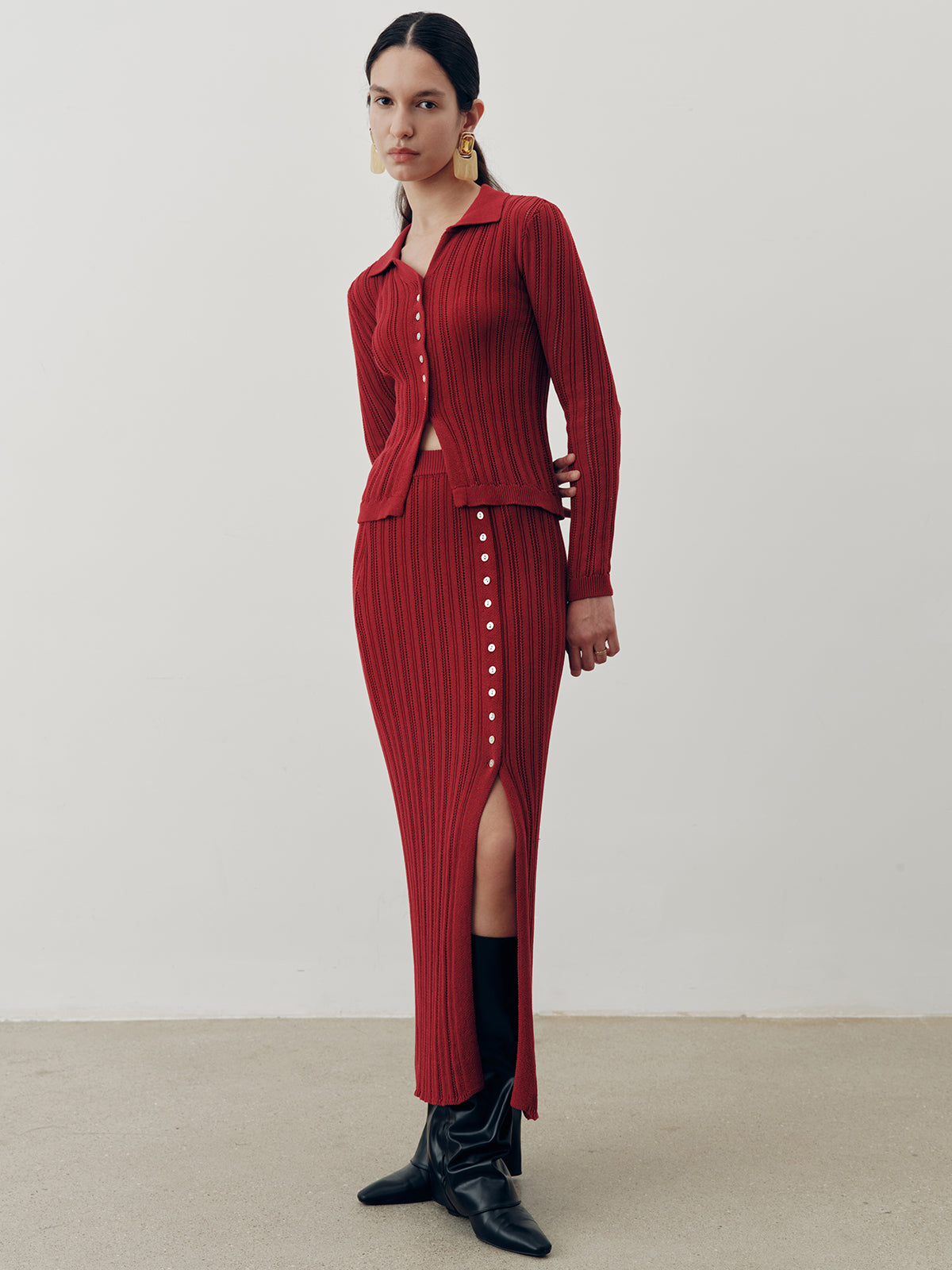 Collared Knit Top and Slit Skirt Set