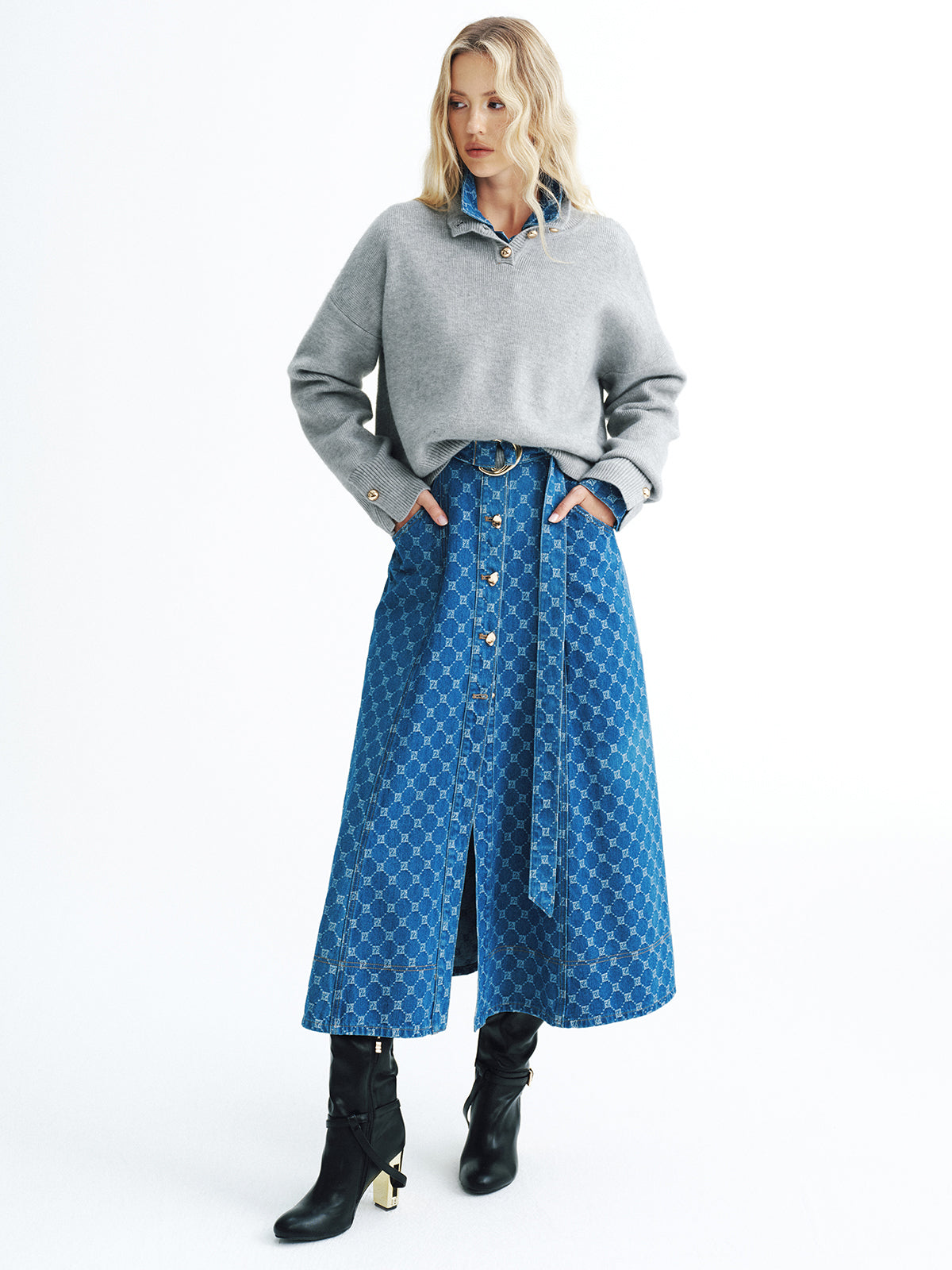 Button Detail Stand Collar Casual Sweater