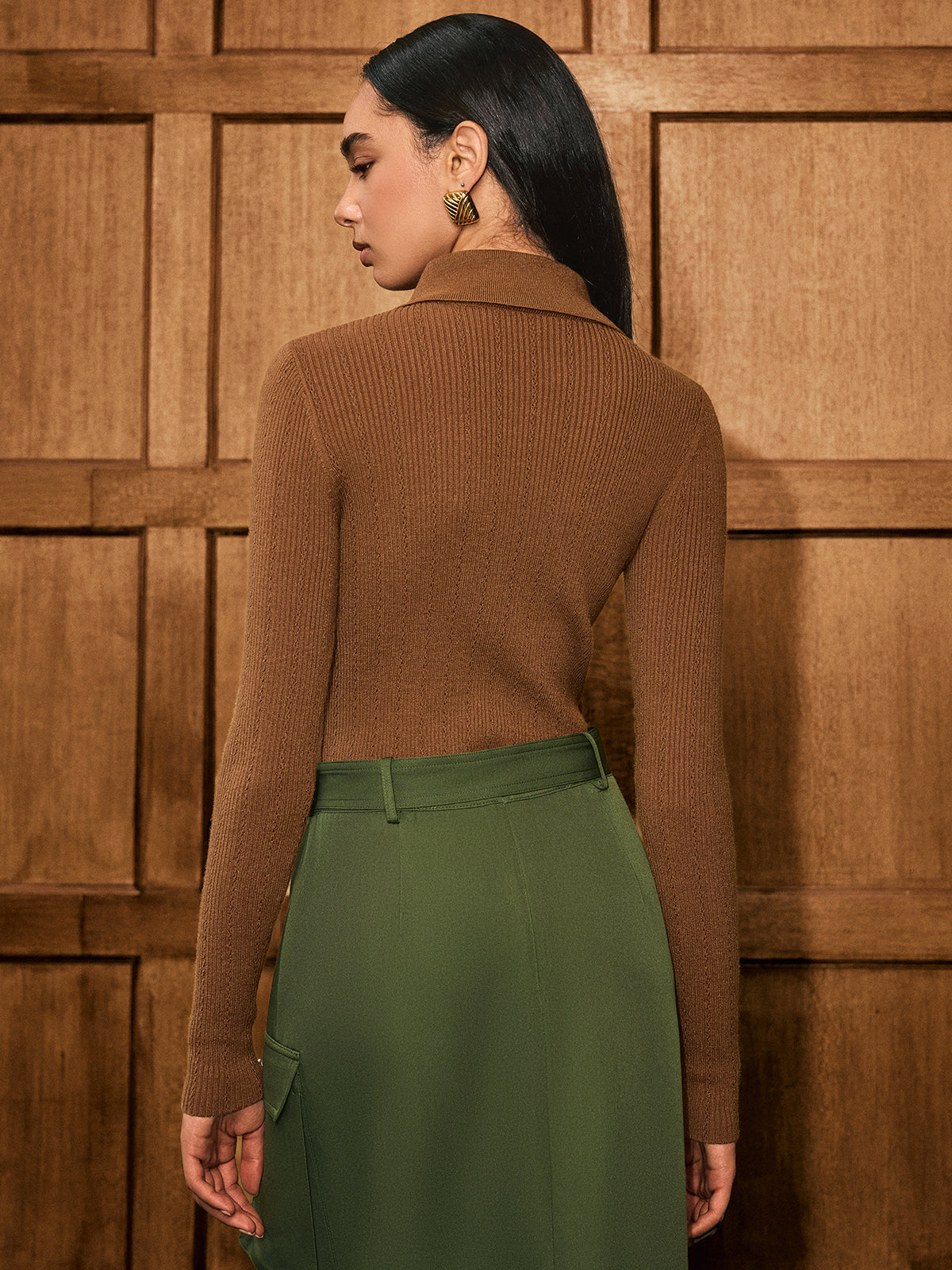 Wool Blend Collared Long Sleeve Knit Top