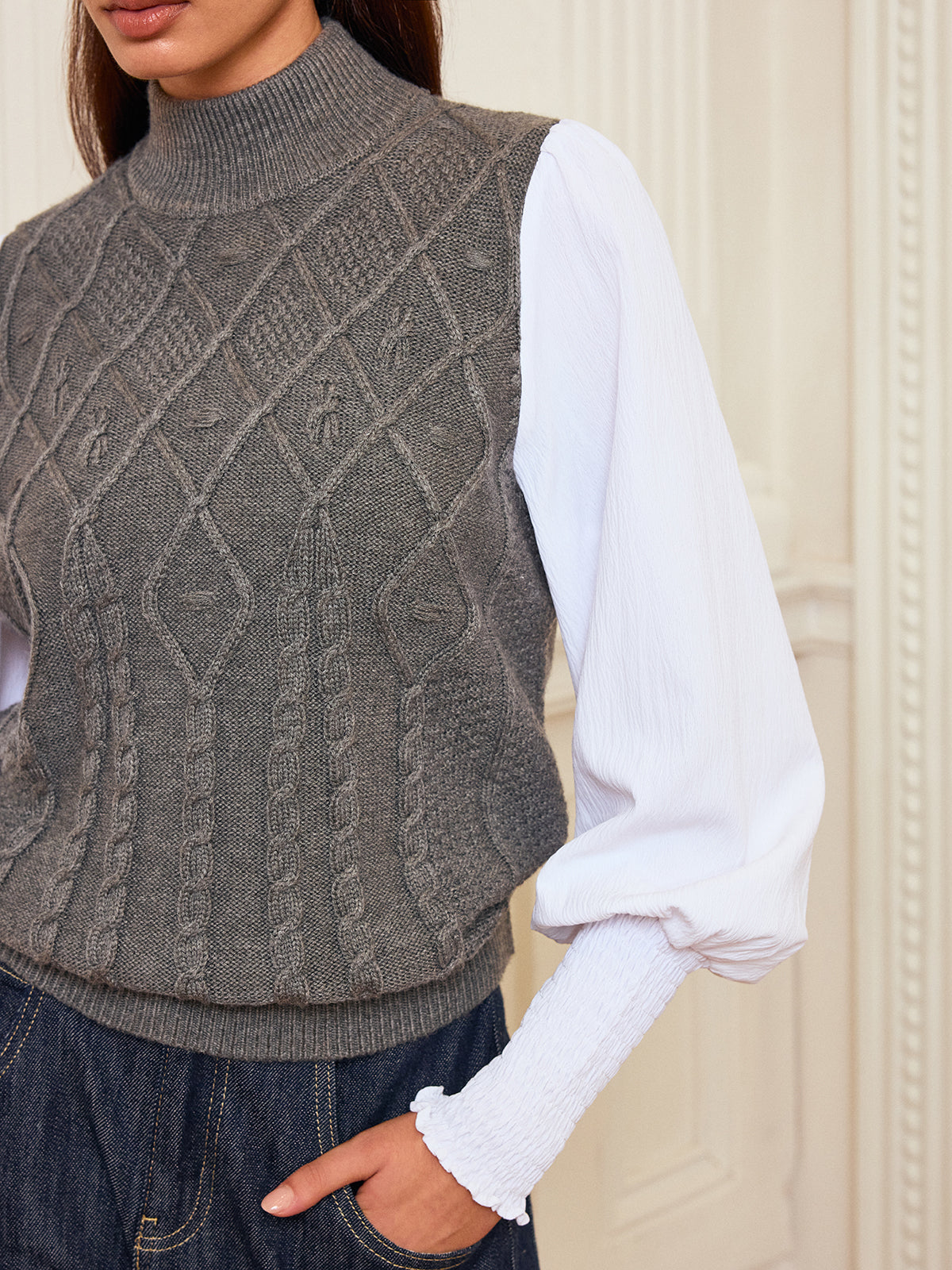 Leg-Of-Mutton Sleeve Panel Cable-Knit Sweater