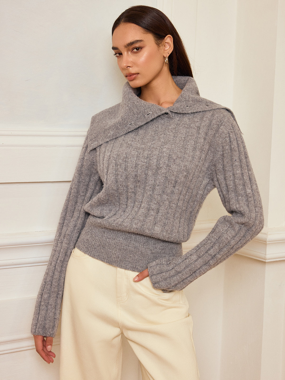 Lapel Collar Wool-Blend Sweater