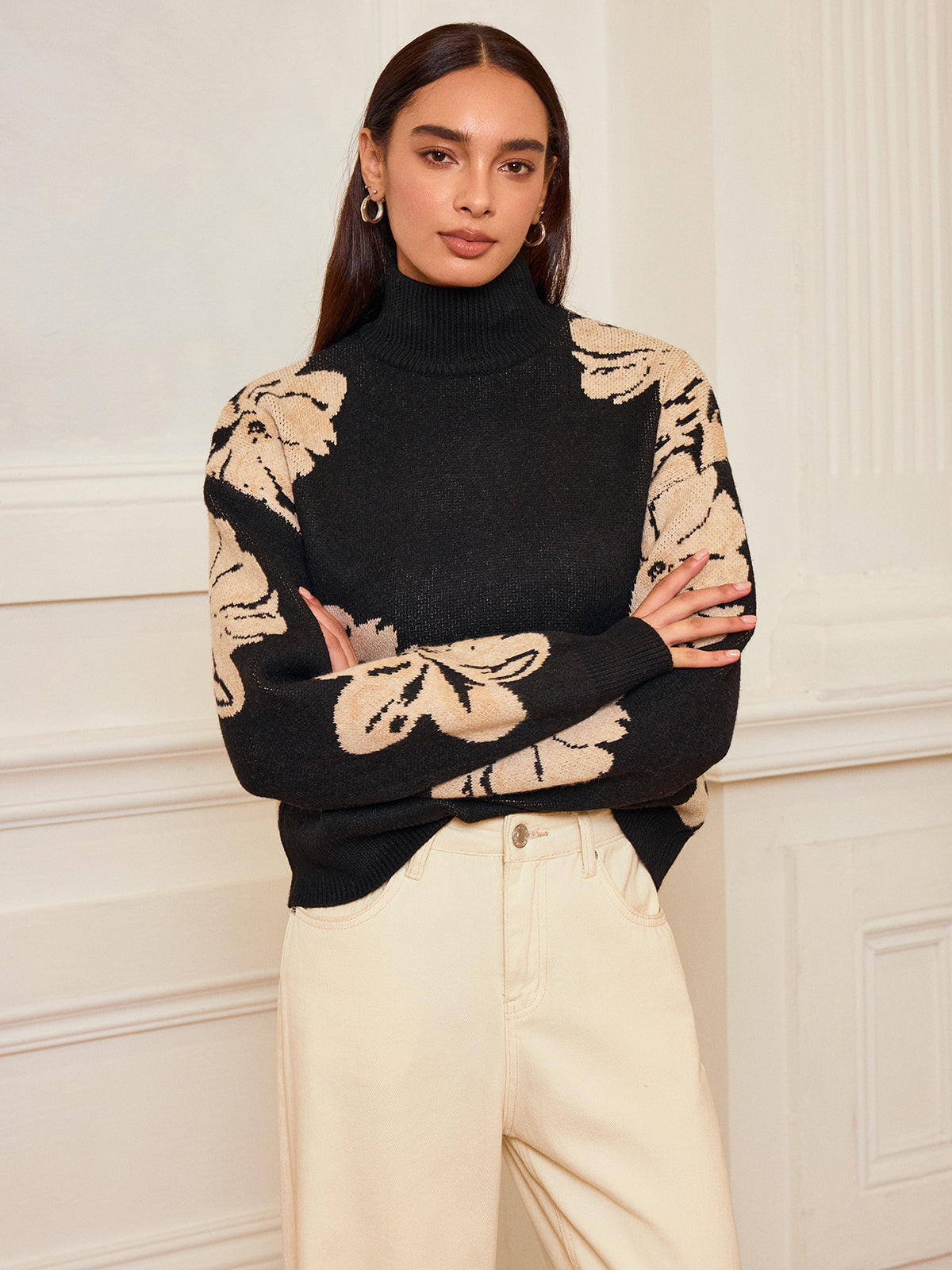 Floral Turtleneck Knit Top
